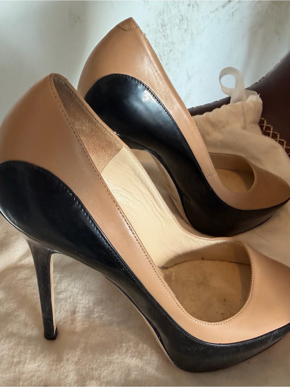 Jimmy Choo Nude & Black Patent Leather Pumps Size 37/US 7 flannel bag included.